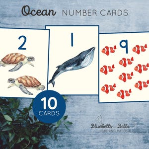 Nummer 1-10 Flashcards Oceaan. Afdrukbare kaarten voor peuters. Voorschoolse telactiviteit.