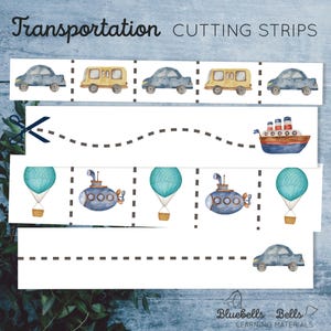 Montessori printable cutting practice strips Transportation. Toddler and Preschool fine motor skills. Vehicle downloadable PDF activity.