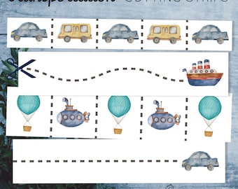 Afdrukbare montessori-snijstroken Transport. Fijne motoriek van peuters en kleuters. Downloadbare pdf-activiteit voor voertuig.
