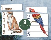 Rainforest animals Puzzle Numbers 1-5. Toddler printable matching activity.