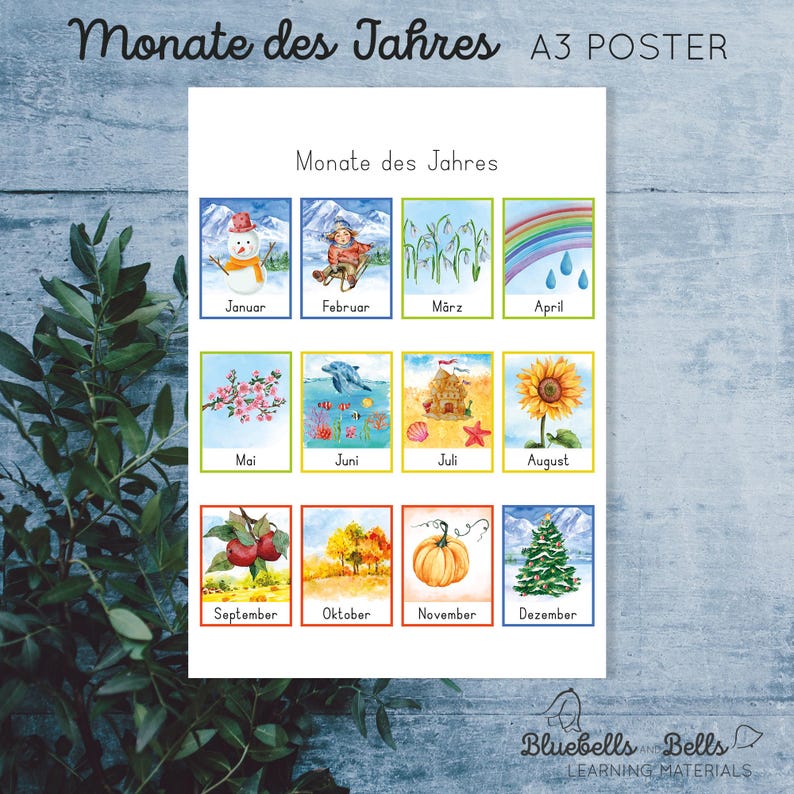 Monate des Jahres Bildkarten und Poster. Kindergarten und Vorschule druckbare Lernkarten. image 4