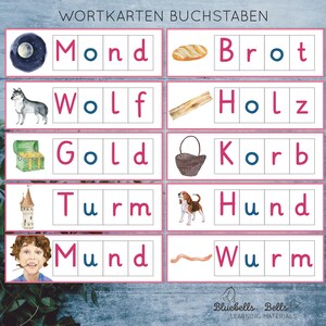 May include: A set of colourful flashcards with images and German words for learning the alphabet. The words include Mond, Brot, Wolf, Holz, Gold, Korb, Turm, Hund, Mund, and Wurm.