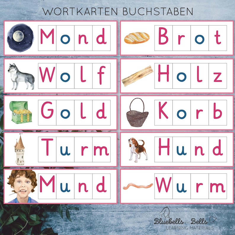 May include: A set of colourful flashcards with images and German words for learning the alphabet. The words include Mond, Brot, Wolf, Holz, Gold, Korb, Turm, Hund, Mund, and Wurm.