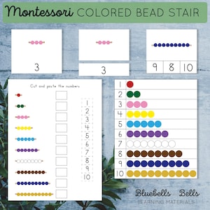 Escaleras de cuentas de colores Montessori para imprimir. Actividades de matemáticas para preescolar. Hojas de trabajo de conteo para la educación en el hogar.