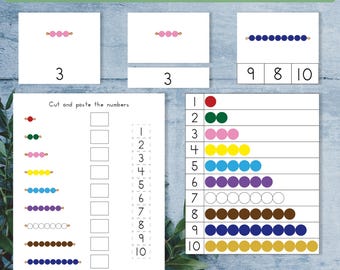 Montessori colored bead stair printables. Preschool math activities. Homeschool counting worksheets.