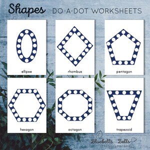 May include: A set of six printable do-a-dot worksheets featuring different geometric shapes: ellipse, rhombus, pentagon, hexagon, octagon, and trapezium. Each shape is outlined in navy blue and filled with white polka dots.