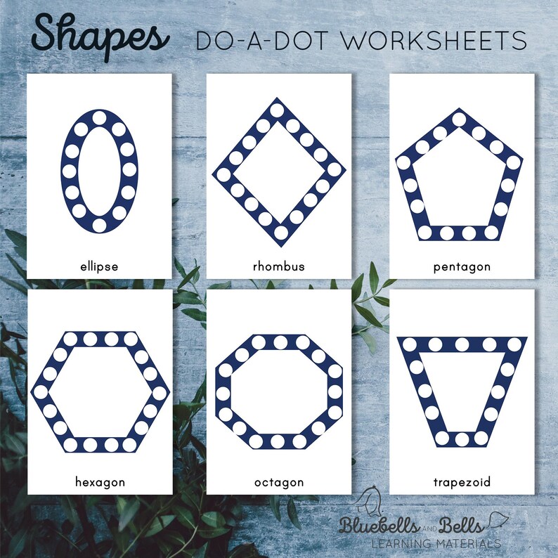 May include: A set of six printable do-a-dot worksheets featuring different geometric shapes: ellipse, rhombus, pentagon, hexagon, octagon, and trapezium. Each shape is outlined in navy blue and filled with white polka dots.