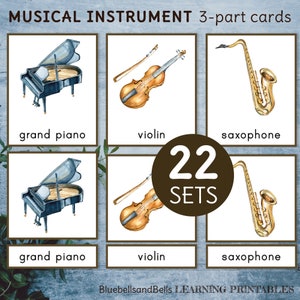Cartes d'instruments de musique Montessori en 3 parties. Activité de vocabulaire pour la maternelle et la maternelle.