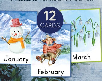Months of the year cards and poster. Digital download.