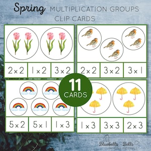 Montessori spring printable Multiplication groups clip cards. Kindergarten math activity.