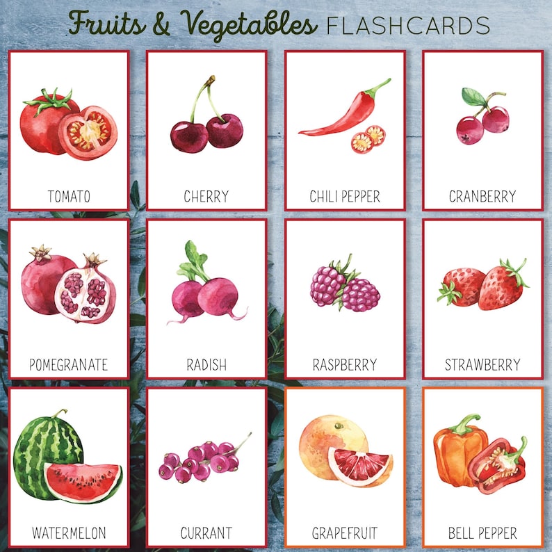 May include: Flashcards featuring watercolor illustrations of various fruits and vegetables, including a red tomato, a red cherry, a red chili pepper, a red cranberry, a red pomegranate, a red radish, a red raspberry, a red strawberry, a green watermelon, a red currant, a red grapefruit, and a red bell pepper.