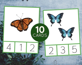 Tarjetas de mariposas para contar y recortar del 1 al 10. Imprimible de verano para preescolar. Actividad de matemáticas para la educación en casa.