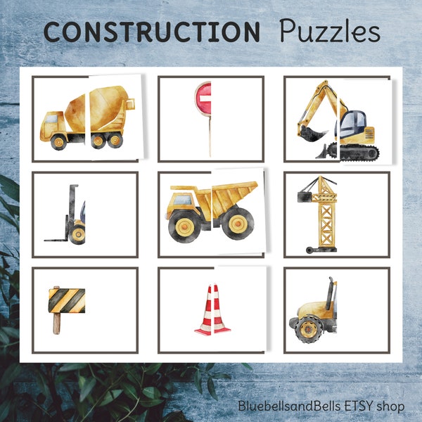 Construction puzzle printable. Vehicles halves matching activity for toddlers. Two pieces puzzle game.