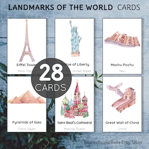 Tarjetas didácticas de monumentos del mundo. Geografía niños Montessori imprimible.