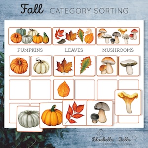 Herbst Vorschule Montessori druckbare Kategorie Sortieraktivität. Sammelkartenspiel für Kleinkinder.