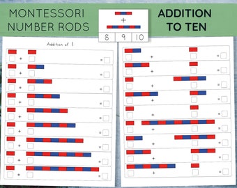 Fogli di lavoro per addizioni Montessori Aste numeriche. Schede clip stampabili di matematica per la scuola dell'infanzia e la prima elementare.