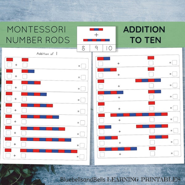 Montessori addition worksheets Number rods. Kindergarten and 1st grade math printable clip cards.