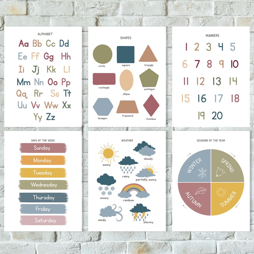 Educational Posters Set of 6. Earth Tone Classroom. Playroom Wall Art ...