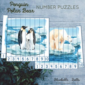 Polar bear and penguins number sequence 1-10 puzzles. Montessori winter printable. Preschool arctic and antarctic animals activity.