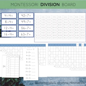 Tableaux Montessori Division Boards imprimables, brochures, feuilles de calcul, feuillets d'équations.