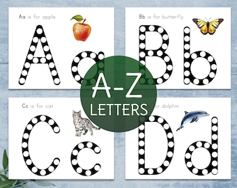 May include: A set of four printable alphabet flashcards for kids to practice letter recognition and fine motor skills. Each card features a letter of the alphabet, a corresponding image, and a dotted outline of the letter for children to trace with a dot marker.