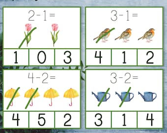 Tarjetas de resta imprimibles Montessori de primavera del 1 al 10. Actividad de matemática de primavera para preescolar y jardín de infantes. Tarjetas de juego de matemáticas tempranas.