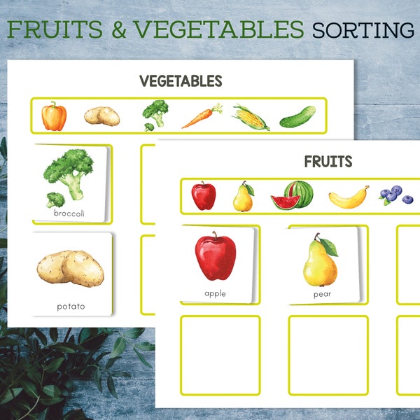 Fruit and Vegetable sorting activity for toddlers. Preschool category sorting printable