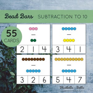 Barres à billes Montessori Cartes à clip pour soustraction. Maths maternelle et 1ère année imprimable.