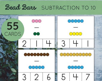 Könnte beinhalten: Ein Satz von 55 Subtraktions-Flashcards für Kinder mit bunten Perlenstäben. Jede Karte zeigt ein Subtraktionsproblem mit einer visuellen Darstellung der Perlen. Die Karten sollen Kindern helfen, grundlegende Subtraktionsfakten zu lernen.