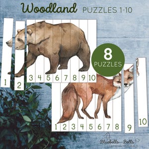 Op de afbeelding: Een set van 8 puzzels met bosdieren voor kinderen. De puzzels tonen een bruine beer en een rode vos. Elke puzzel heeft 10 stukjes en is genummerd van 1 tot 10. De puzzels zijn gedrukt op wit karton.