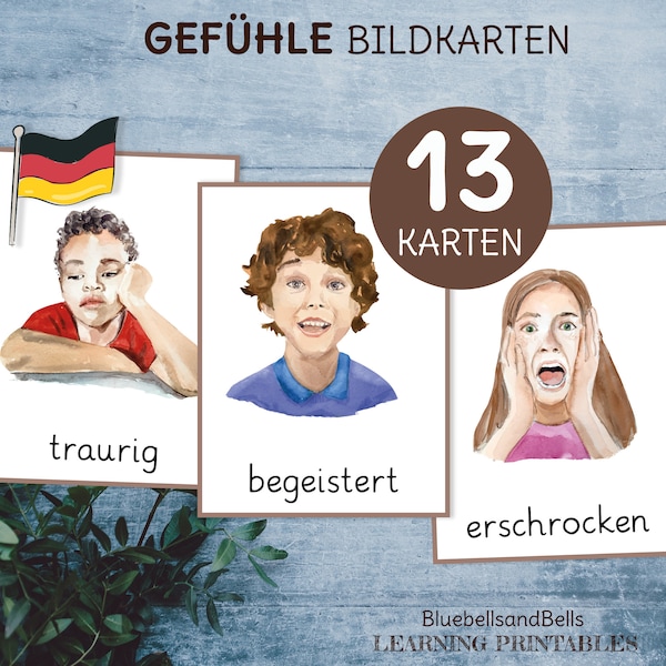 Gefühle Lernkarten. Emotionen druckbare Bildkarten.