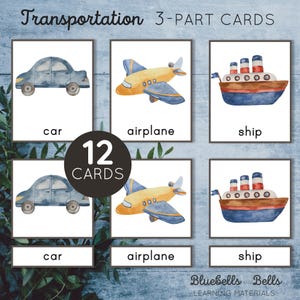 Tarjetas de tres partes para imprimir con los vehículos de Montessori. Actividad de asociación de medios de transporte para niños pequeños. Tarjetas de vocabulario para preescolar.