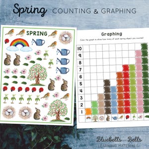 Pode incluir: Uma folha de trabalho imprimível para crianças contarem e representarem graficamente objetos da primavera. A folha de trabalho apresenta uma ilustração colorida de uma cena da primavera com coelhos, pássaros, flores e um arco-íris. O gráfico é rotulado com os números de 1 a 10 e tem espaços para colorir o número de cada objeto contado.