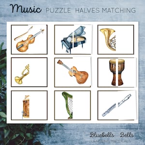 May include: A printable set of nine cards featuring watercolor illustrations of musical instruments cut in half. The instruments include a violin, piano, french horn, trumpet, guitar, drum, harp, and flute. The cards are labeled "Music Puzzle Halves Matching" and "Bluebells and Bells Learning Materials".