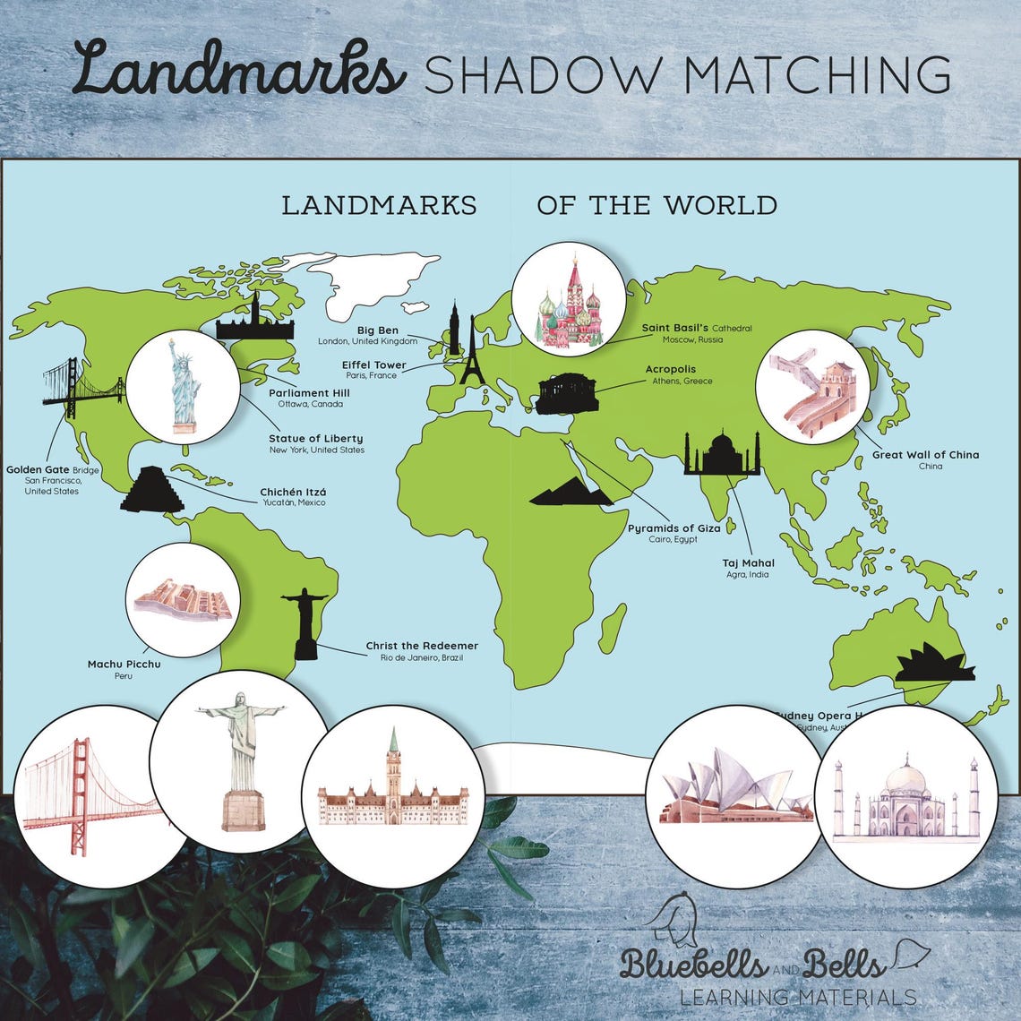 Mbes Map Matching Landmarks of the World Map Matching Activity. Montessori Printable ...