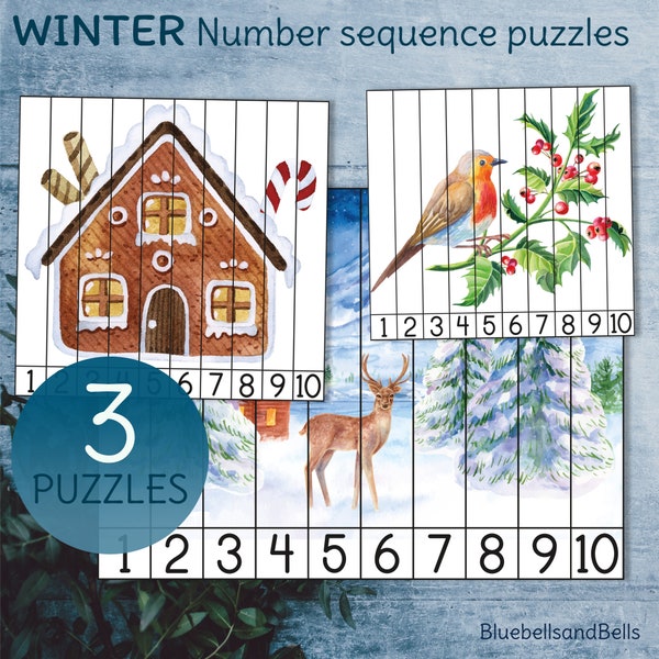 Number sequence puzzles printable. Montessori winter preschool activity.