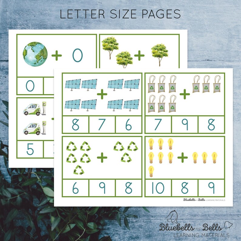 May include: A printable worksheet with images of environmental themes, such as solar panels, trees, and light bulbs, to help children learn addition. The worksheet includes the text "LETTER SIZE PAGES".