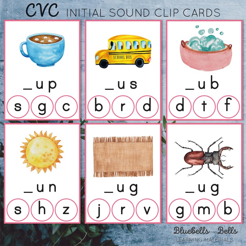 May include: A set of six CVC initial sound clip cards featuring colorful illustrations of a cup of hot chocolate, a school bus, a tub of bubbles, a sun, a rug, and a stag beetle. Each card has a word with a missing letter and a set of three letters to choose from.