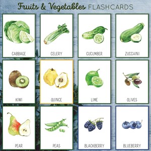 May include: A set of 12 colorful flashcards featuring illustrations of fruits and vegetables. The flashcards are labeled with the name of each fruit or vegetable, such as cabbage, celery, cucumber, zucchini, kiwi, quince, lime, olives, pear, peas, blackberry, and blueberry.