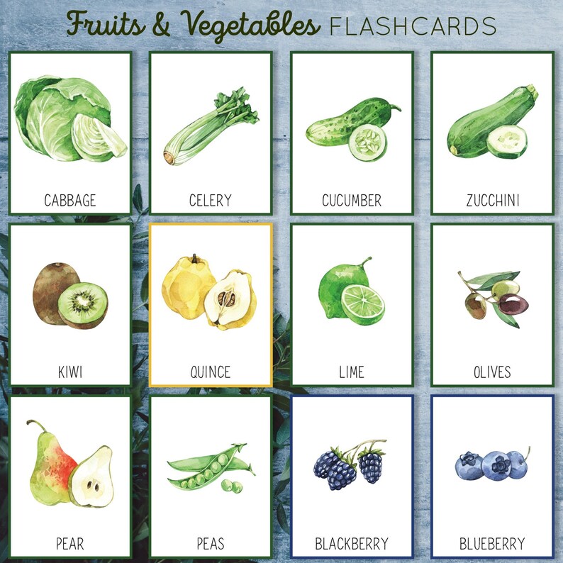 May include: A set of 12 colorful flashcards featuring illustrations of fruits and vegetables. The flashcards are labeled with the name of each fruit or vegetable, such as cabbage, celery, cucumber, zucchini, kiwi, quince, lime, olives, pear, peas, blackberry, and blueberry.