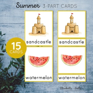 Tarjetas Montessori imprimibles de verano de 3 partes. Tarjetas didácticas de palabras de verano para preescolar y kínder. Actividad de vocabulario.
