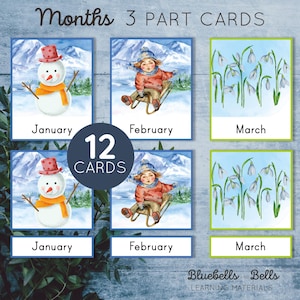 Tarjetas Montessori imprimibles de tres partes con los meses del año.