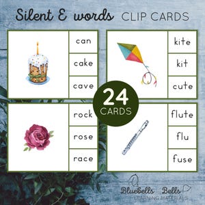 May include: A set of 24 clip cards featuring images and words with silent letters. The images include a cake, a kite, a rose, and a flute. The words include "can", "cake", "cave", "kite", "kit", "cute", "rock", "rose", "race", "flute", "flu", and "fuse".