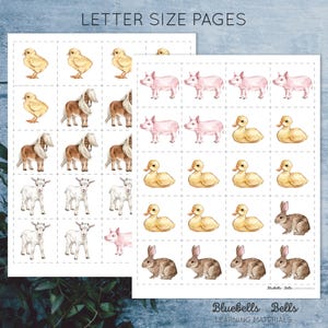 May include: Two printable pages of farm animal images. The first page has images of chicks, ponies, and goats. The second page has images of pigs, ducks, and rabbits.