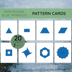 Tarjetas con patrón de triángulos constructivos azules Montessori. Actividad imprimible de geometría. Juego de formas para guardería y escuela primaria.