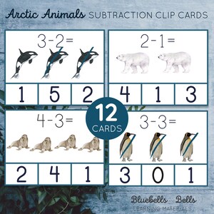 Cartes d'hiver imprimables Montessori, décompte et cartes à clip Soustraction Animaux polaires. Activité mathématique pour la maternelle et la maternelle.