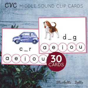 Cartes à clip CVC imprimables phoniques Montessori Son moyen. Activité de pré-lecture pour le préscolaire et la maternelle.