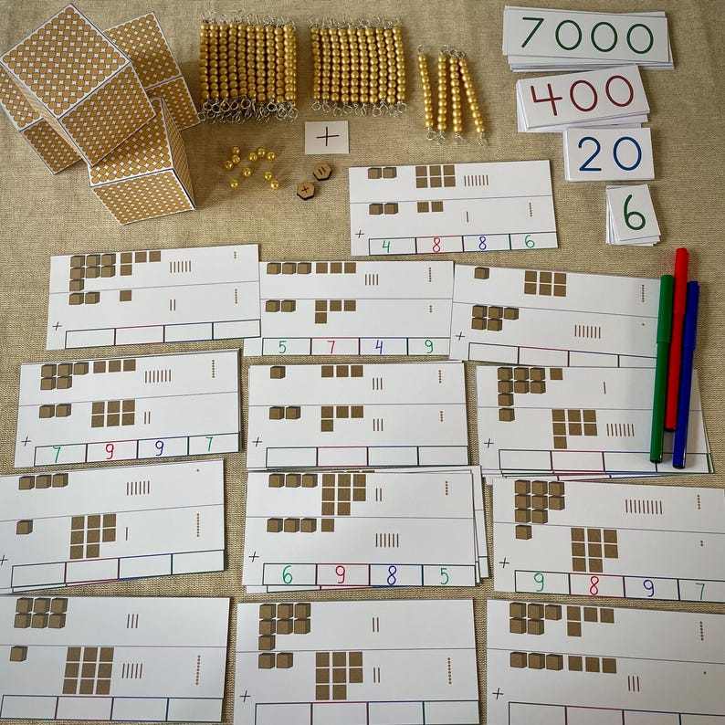 Montessori Golden Beads Addition Static to 9999 Task Cards. Extension ...