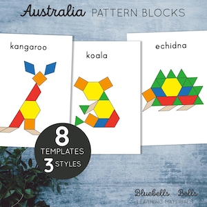 Peut inclure: Modèles de blocs de motifs imprimables représentant des animaux australiens : un kangourou, un koala et un échidné. Les modèles sont conçus pour être utilisés avec des blocs de motifs et comprennent 8 modèles en 3 styles. Le texte « Australia Pattern Blocks » est en haut de l’image. Le texte « 8 Templates 3 Styles » est au centre de l’image. Le texte « Bluebells and Bells Learning Materials » est en bas de l’image.