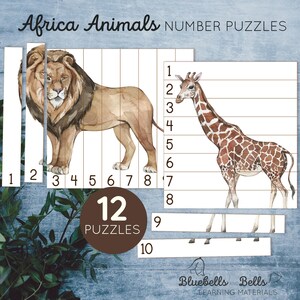 Africa Animal Number Sequence 1-10 puzzles. Preschool Montessori printable. Kindergarten math activity.